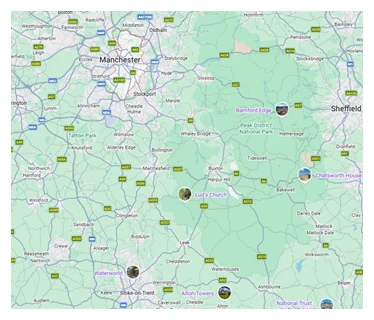 Map showing six hot air balloon launch sites surrounding Greater Manchester, labelled A to F