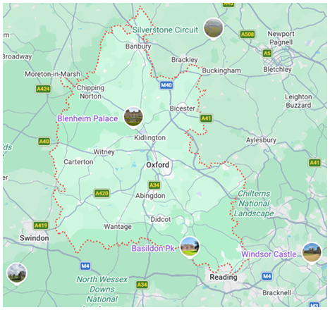 Map showing nine hot air balloon launch sites in and around Oxfordshire, labelled A to I