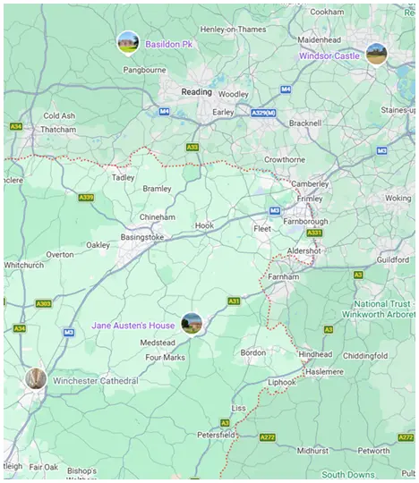 Map showing six hot air balloon launch sites in and around Surrey, labelled A to F