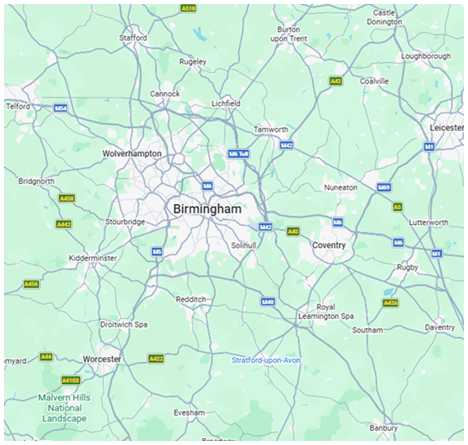 Map showing 11 hot air balloon launch sites around the West Midlands, labelled A to K